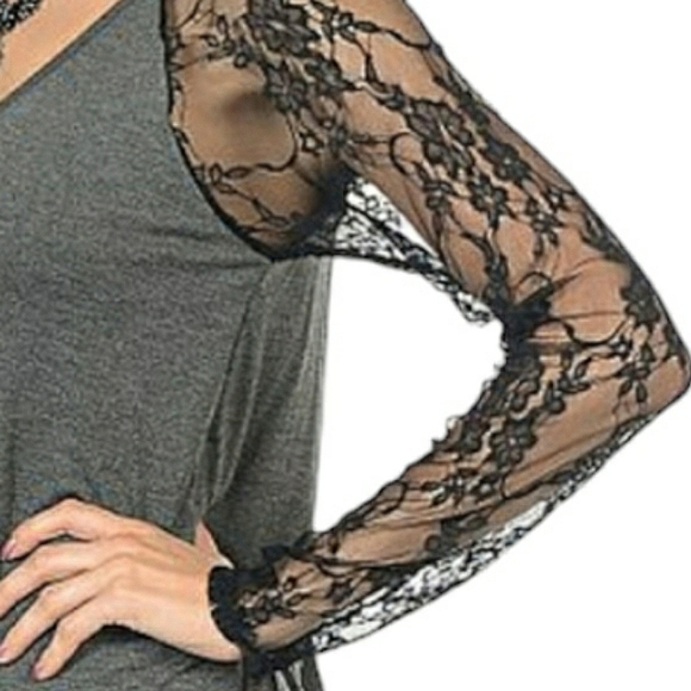 Goo Yoo Sheer Floral Black Lace Raglan Sleeves High Low Hem Gray Tunic Top M/L - Picture 16 of 16